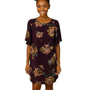 Everly Small Shift Dress Purple Floral Bell Sleeve Office Wedding Party Chic